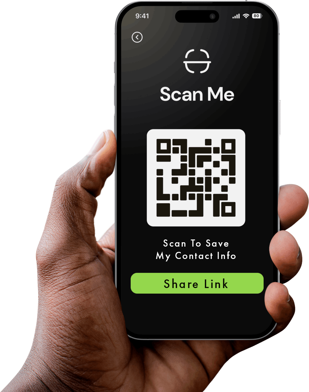 A crisp, engaging visual of a hand elegantly holding a smartphone. The screen prominently displays a QR code with the inviting words "Scan Me" above and "Share Link" below, seamlessly blending modernity with functionality.